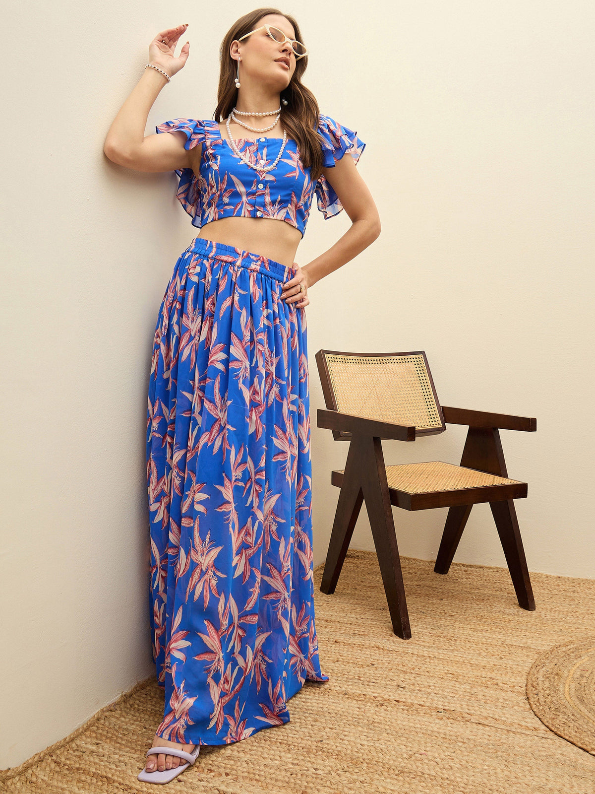 Women Blue Floral Strappy Crop Top With Maxi Skirt-SFSETS96504