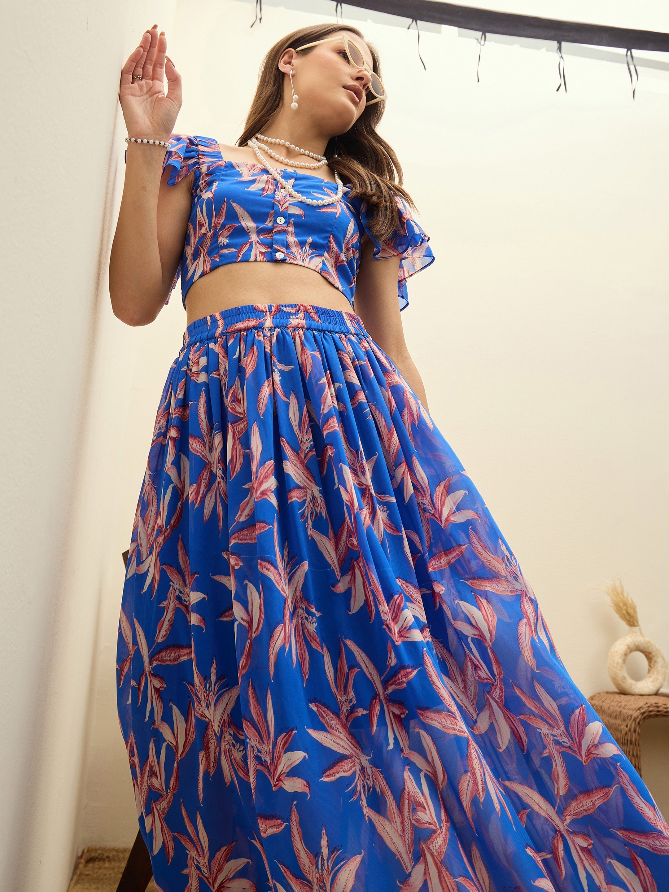Women Blue Floral Strappy Crop Top With Maxi Skirt-SFSETS96504