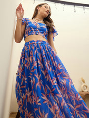 Women Blue Floral Strappy Crop Top With Maxi Skirt-SFSETS96504
