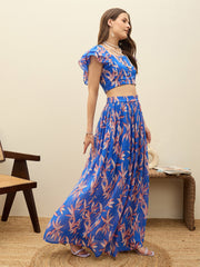 Women Blue Floral Strappy Crop Top With Maxi Skirt-SFSETS96504