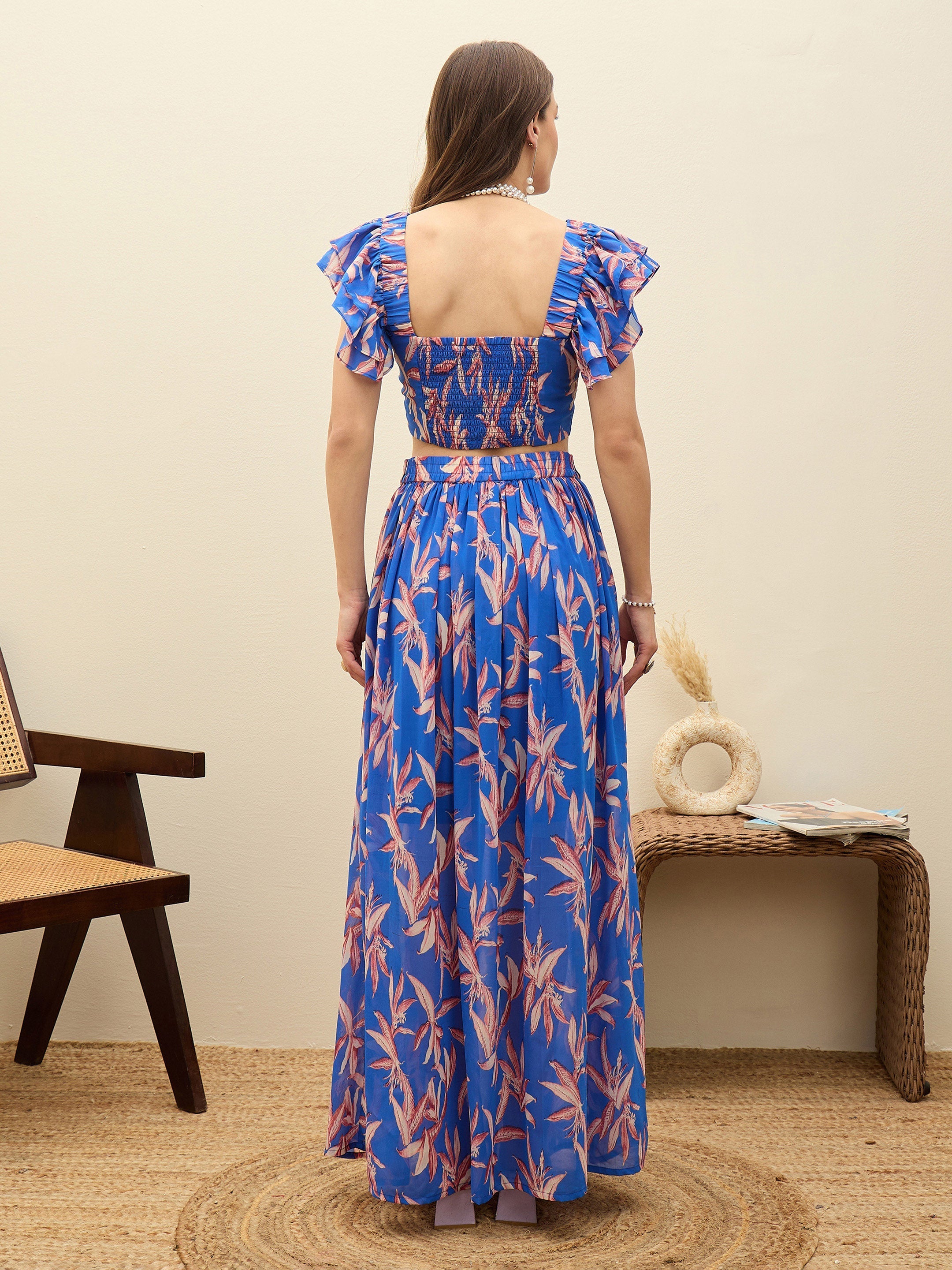 Women Blue Floral Strappy Crop Top With Maxi Skirt-SFSETS96504