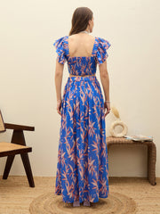Women Blue Floral Strappy Crop Top With Maxi Skirt-SFSETS96504