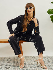 Women Black Embroidered Shirt With Straight Pants-SFSETS96505