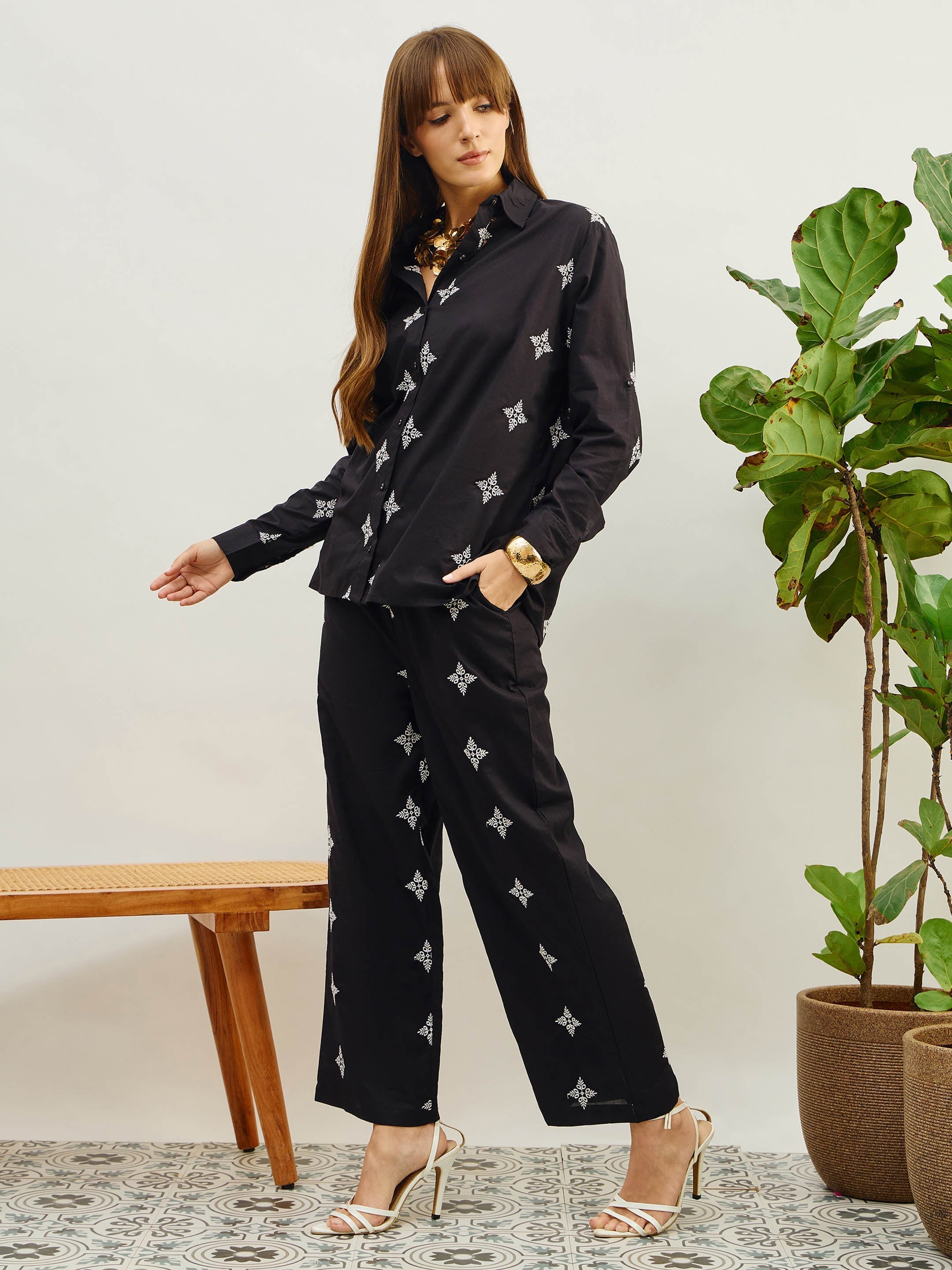Women Black Embroidered Shirt With Straight Pants-SFSETS96505