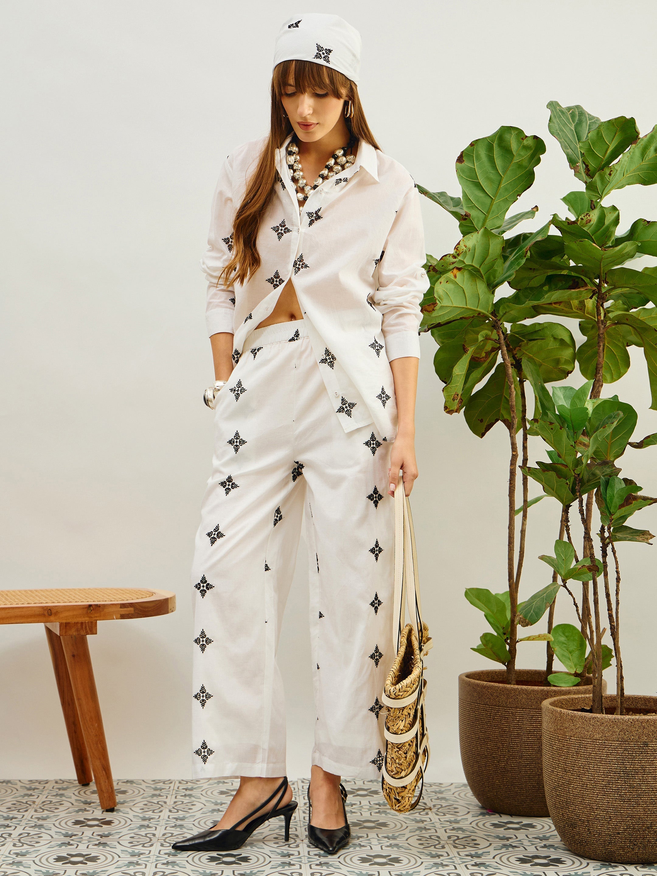 Women White Embroidered Shirt With Straight Pants-SFSETS96506