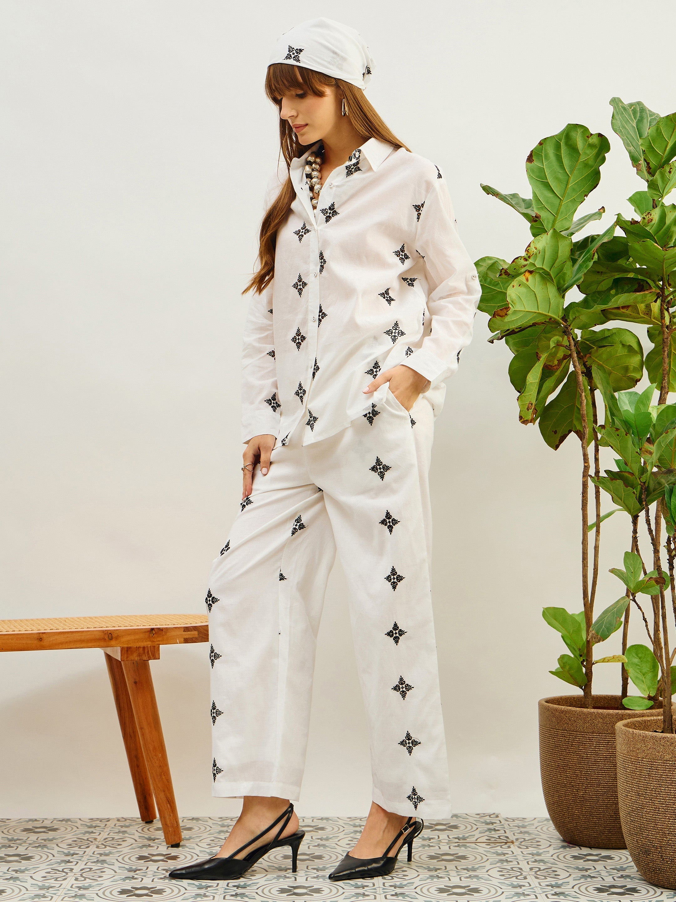 Women White Embroidered Shirt With Straight Pants-SFSETS96506