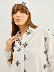Women White Embroidered Shirt With Straight Pants-SFSETS96506