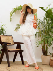Women White Schiffli Tiered Shirt With Palazzo Pants-SFSETS96509