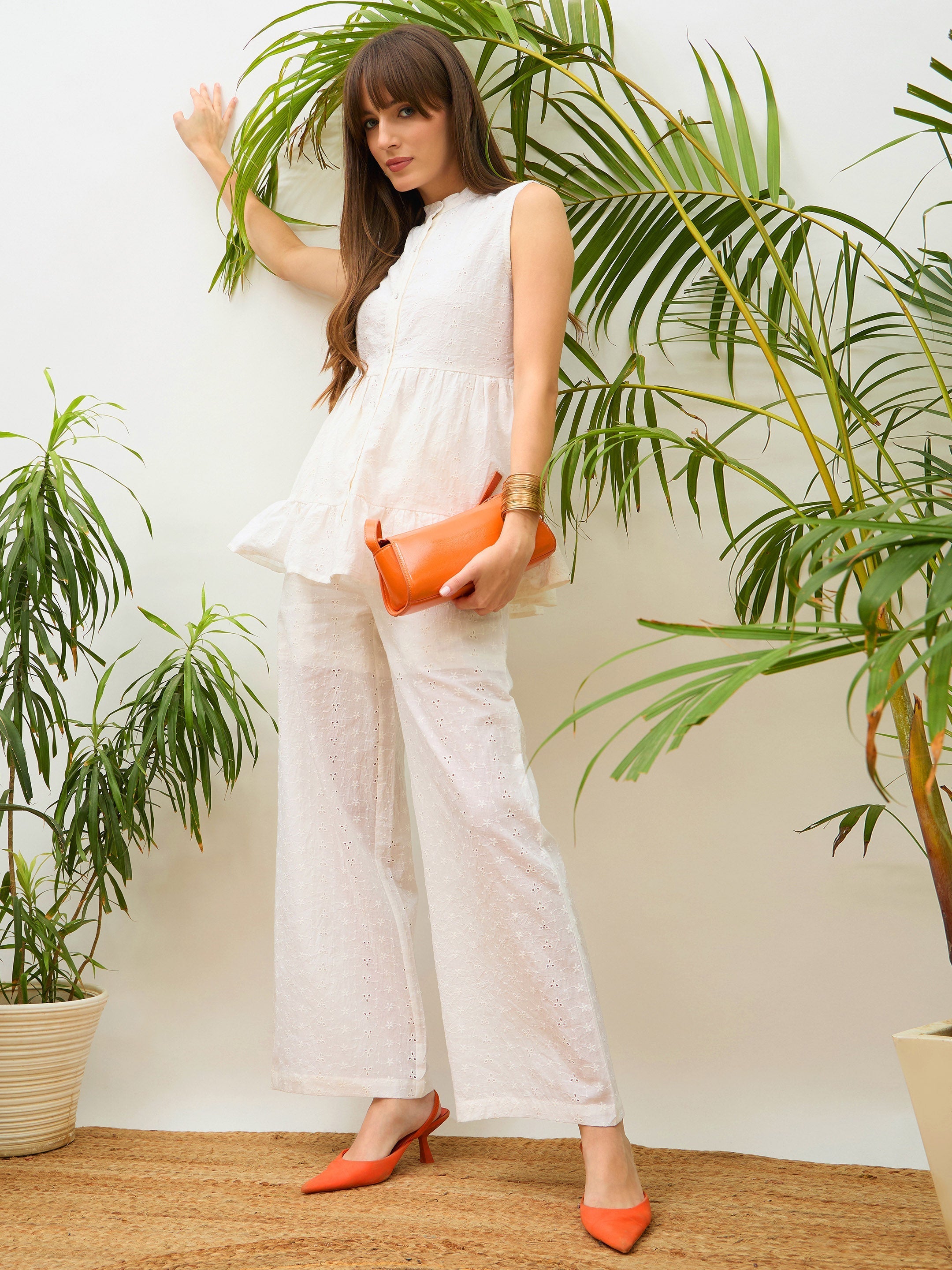 Women White Schiffli Tiered Shirt With Palazzo Pants-SFSETS96509