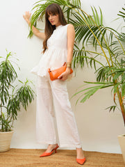 Women White Schiffli Tiered Shirt With Palazzo Pants-SFSETS96509