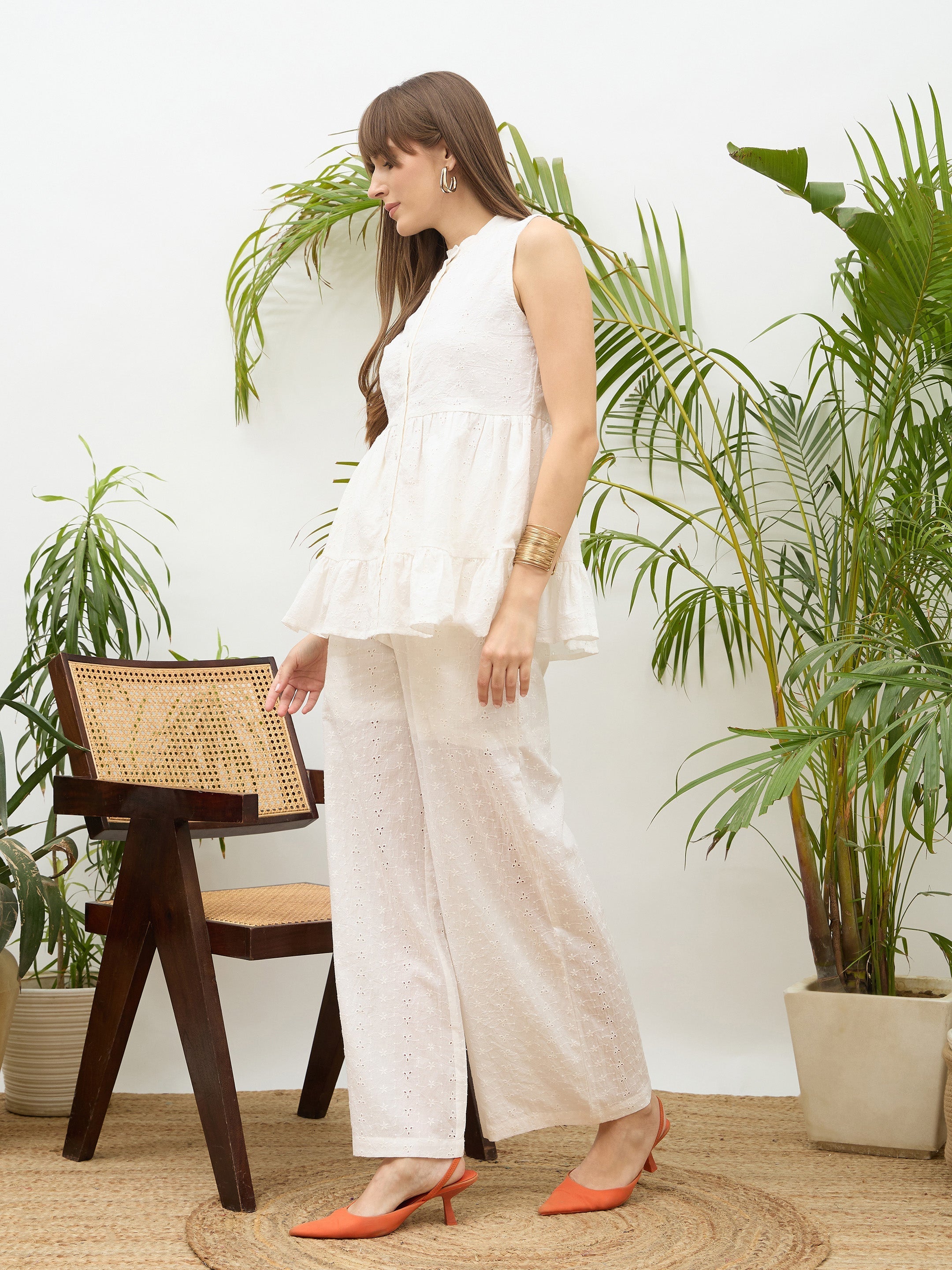 Women White Schiffli Tiered Shirt With Palazzo Pants-SFSETS96509