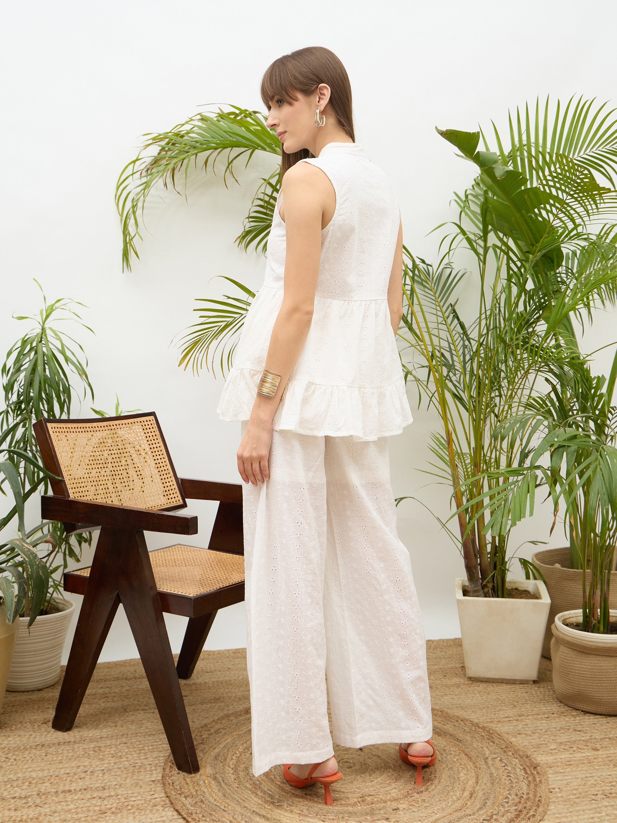 Women White Schiffli Tiered Shirt With Palazzo Pants-SFSETS96509