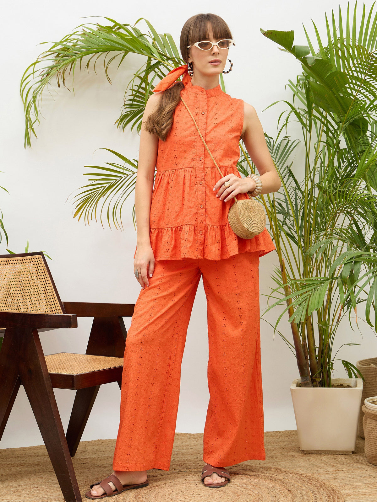 Women Orange Schiffli Tiered Shirt With Palazzo Pants-SFSETS96510