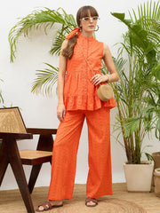 Women Orange Schiffli Tiered Shirt With Palazzo Pants-SFSETS96510
