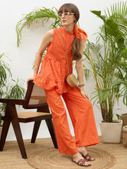 Women Orange Schiffli Tiered Shirt With Palazzo Pants-SFSETS96510
