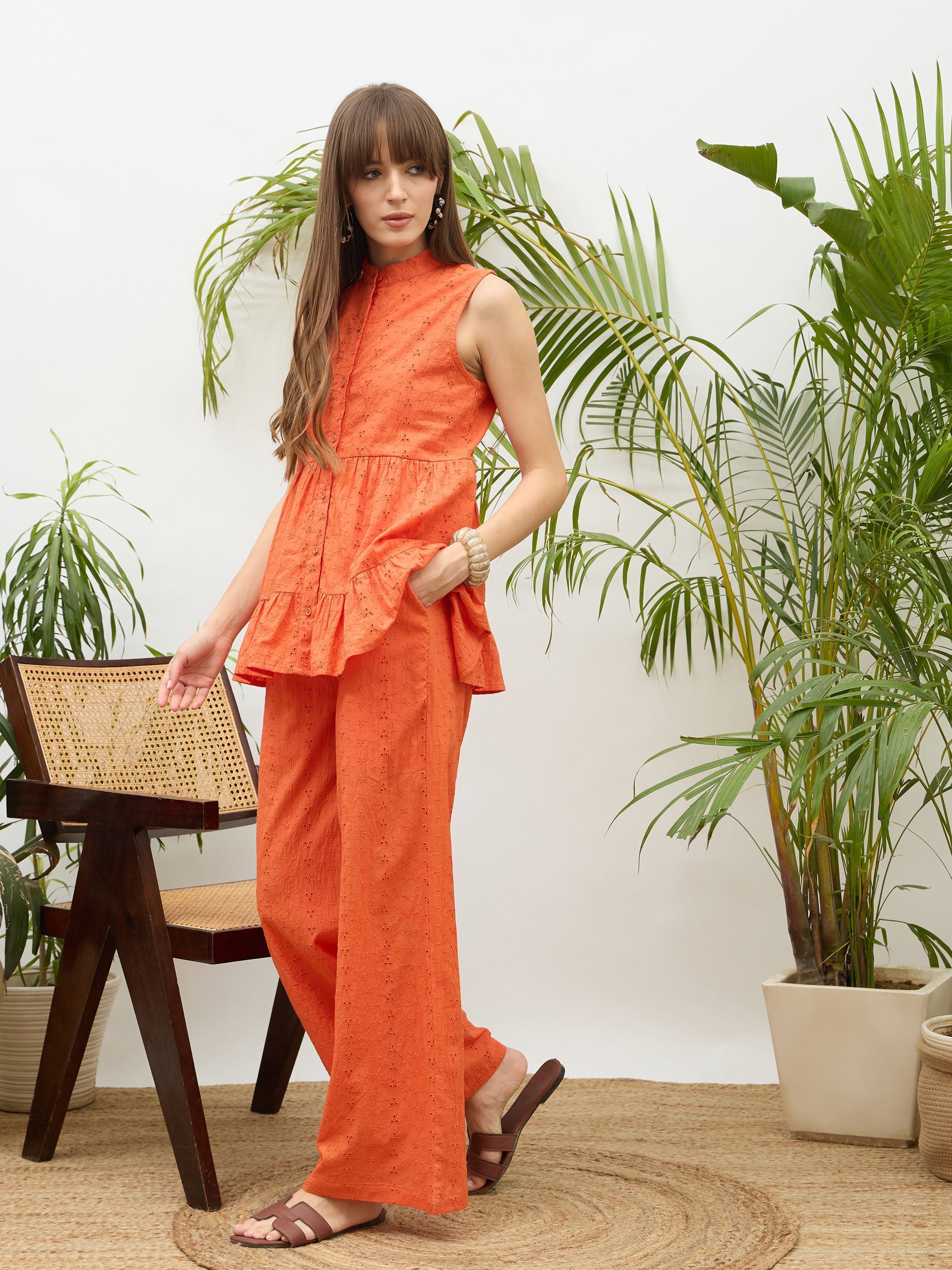 Women Orange Schiffli Tiered Shirt With Palazzo Pants-SFSETS96510