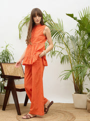 Women Orange Schiffli Tiered Shirt With Palazzo Pants-SFSETS96510