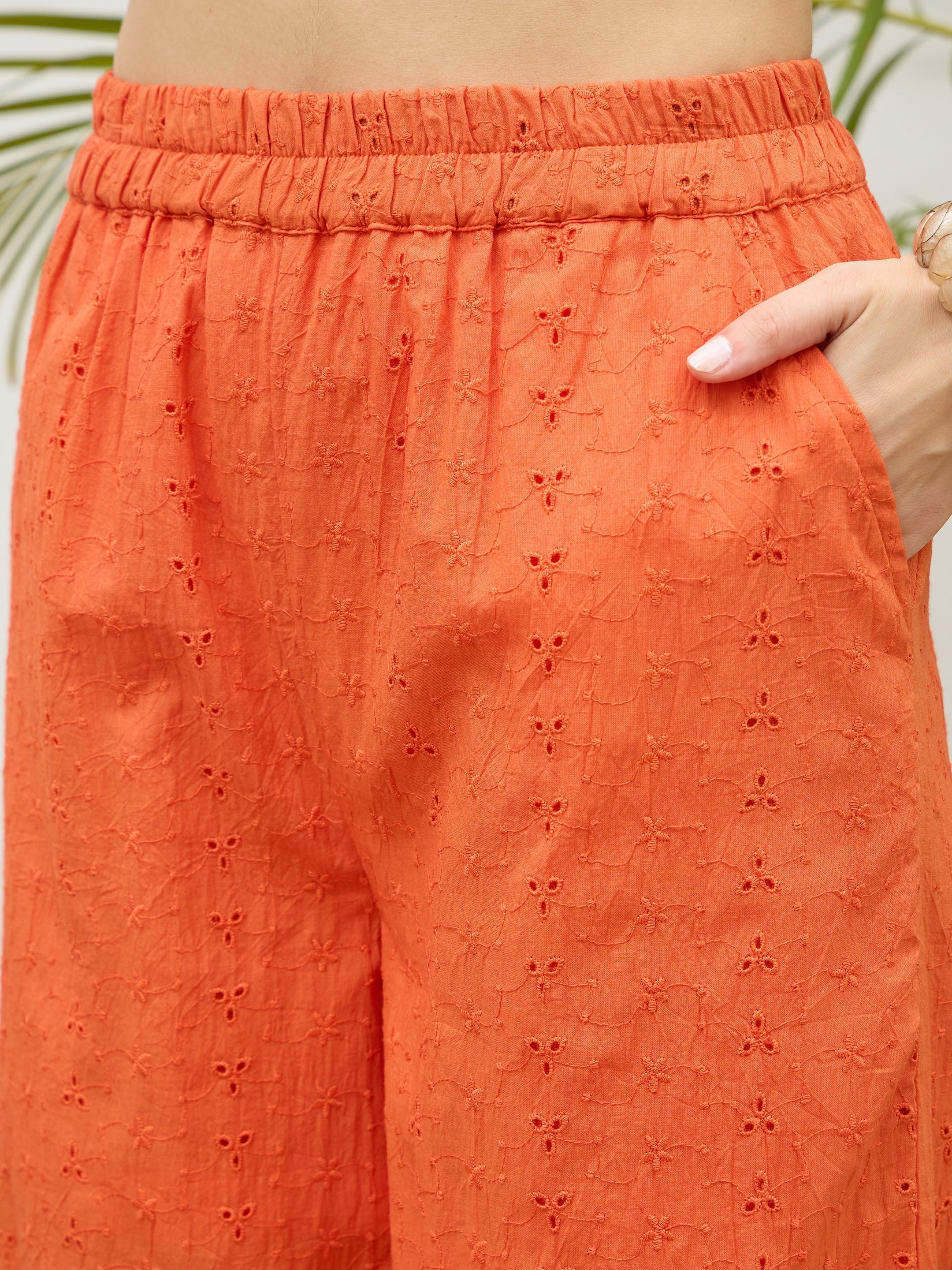 Women Orange Schiffli Tiered Shirt With Palazzo Pants-SFSETS96510