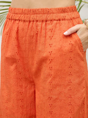 Women Orange Schiffli Tiered Shirt With Palazzo Pants-SFSETS96510