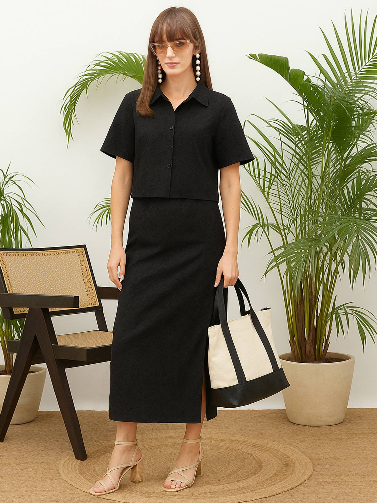 Women Black Schiffli Shirt with Skirt-SFSETS96511