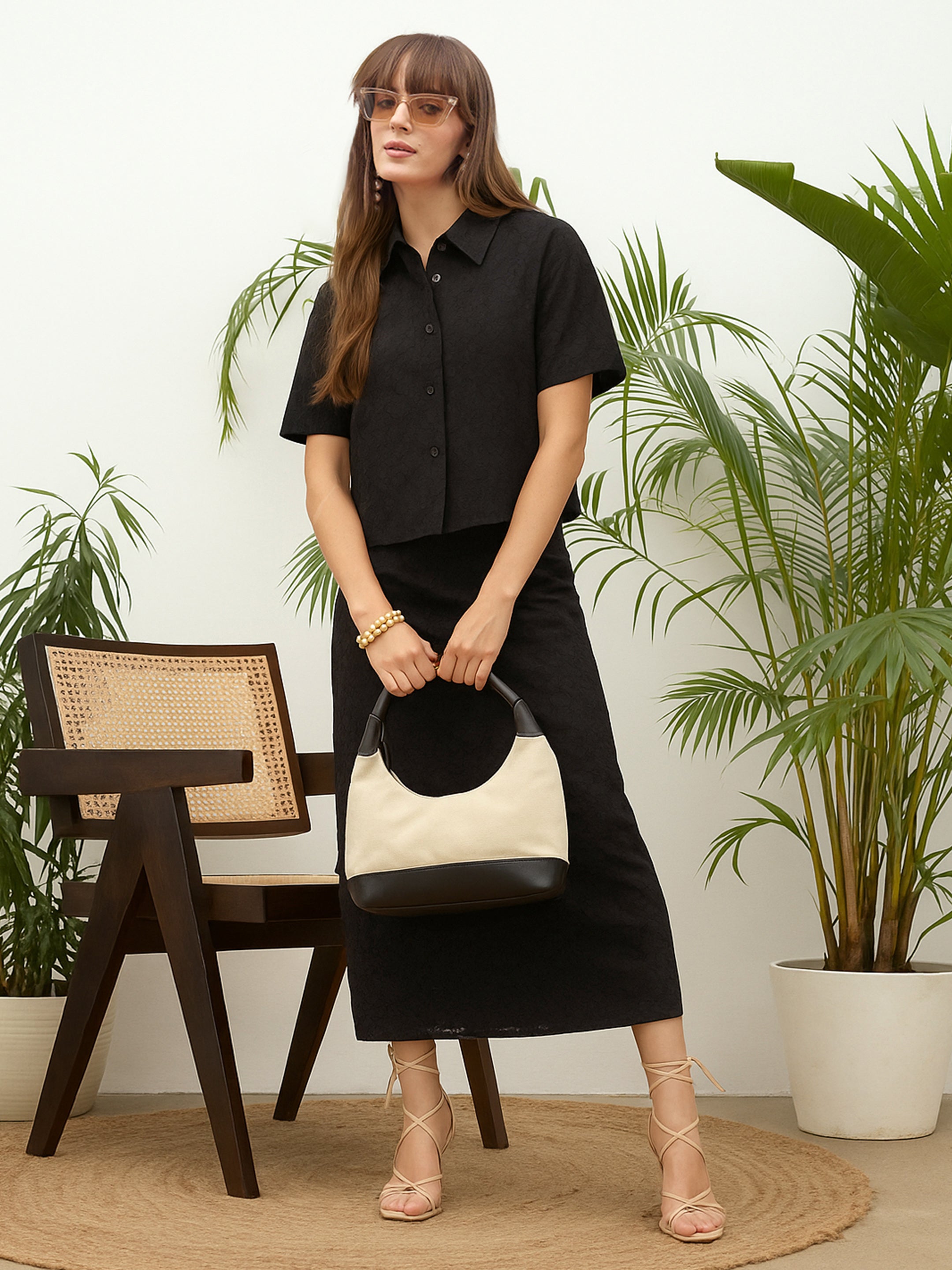 Women Black Schiffli Shirt with Skirt-SFSETS96511