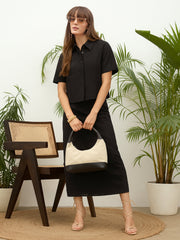 Women Black Schiffli Shirt with Skirt-SFSETS96511