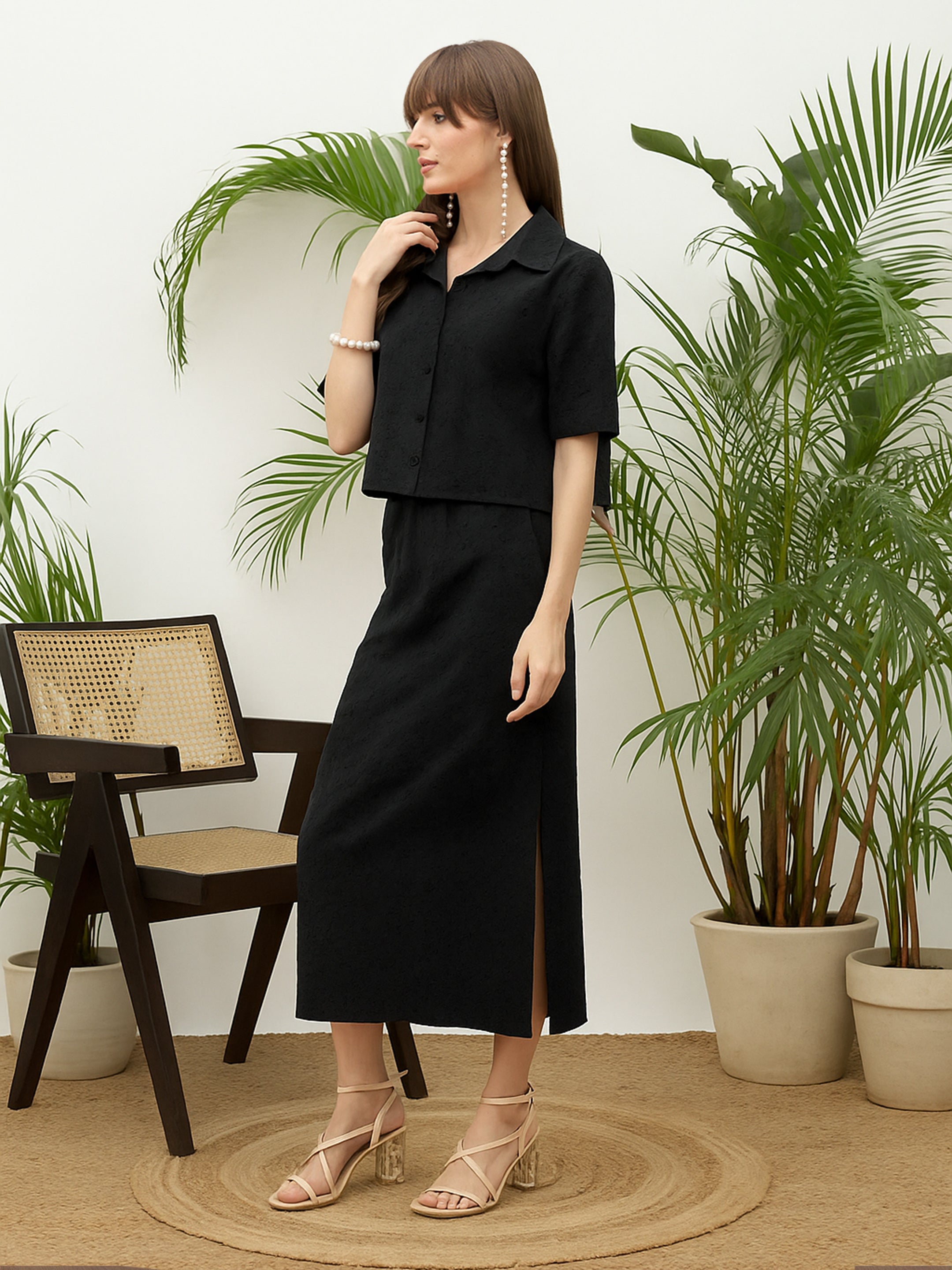 Women Black Schiffli Shirt with Skirt-SFSETS96511