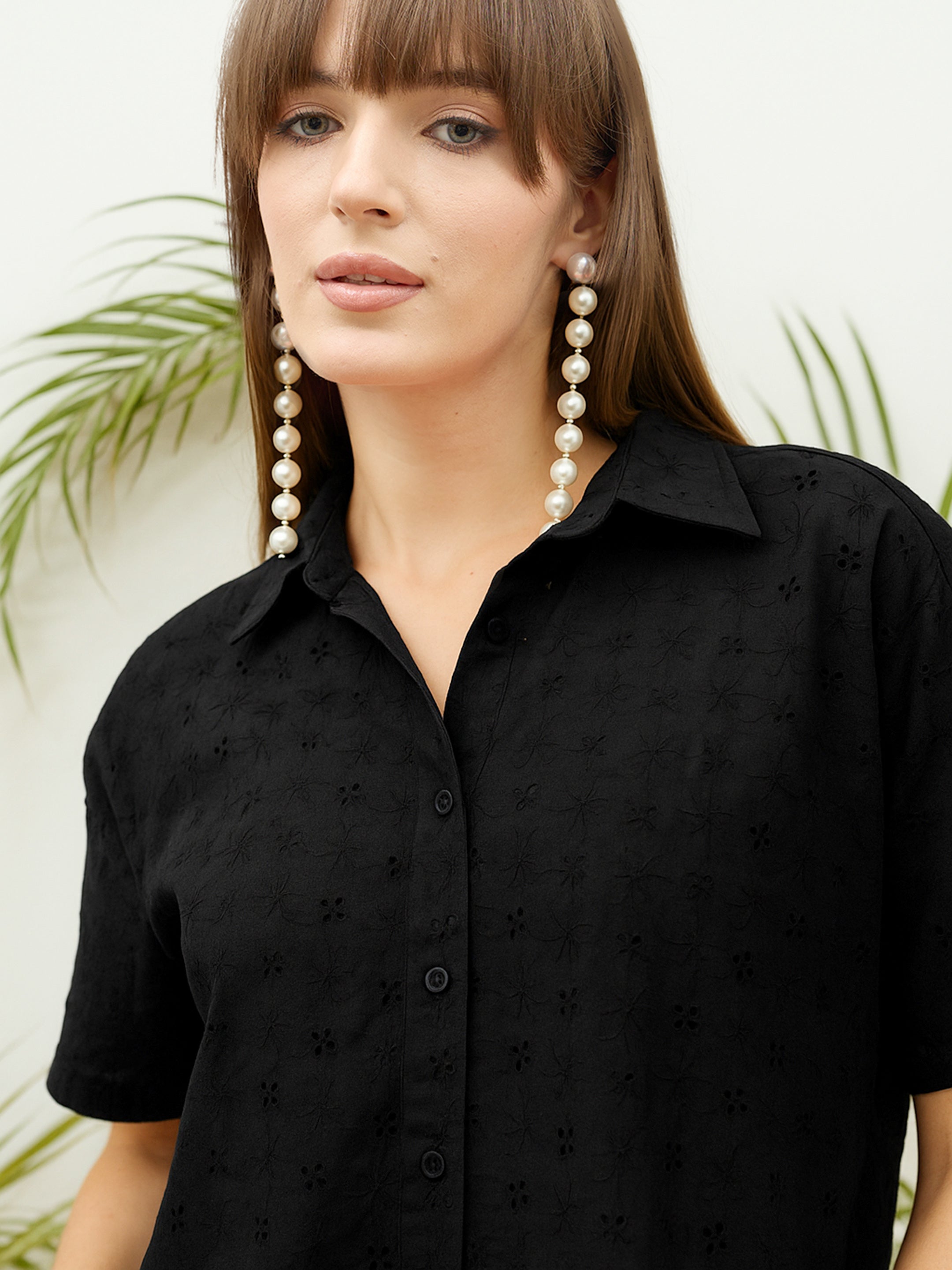Women Black Schiffli Shirt with Skirt-SFSETS96511