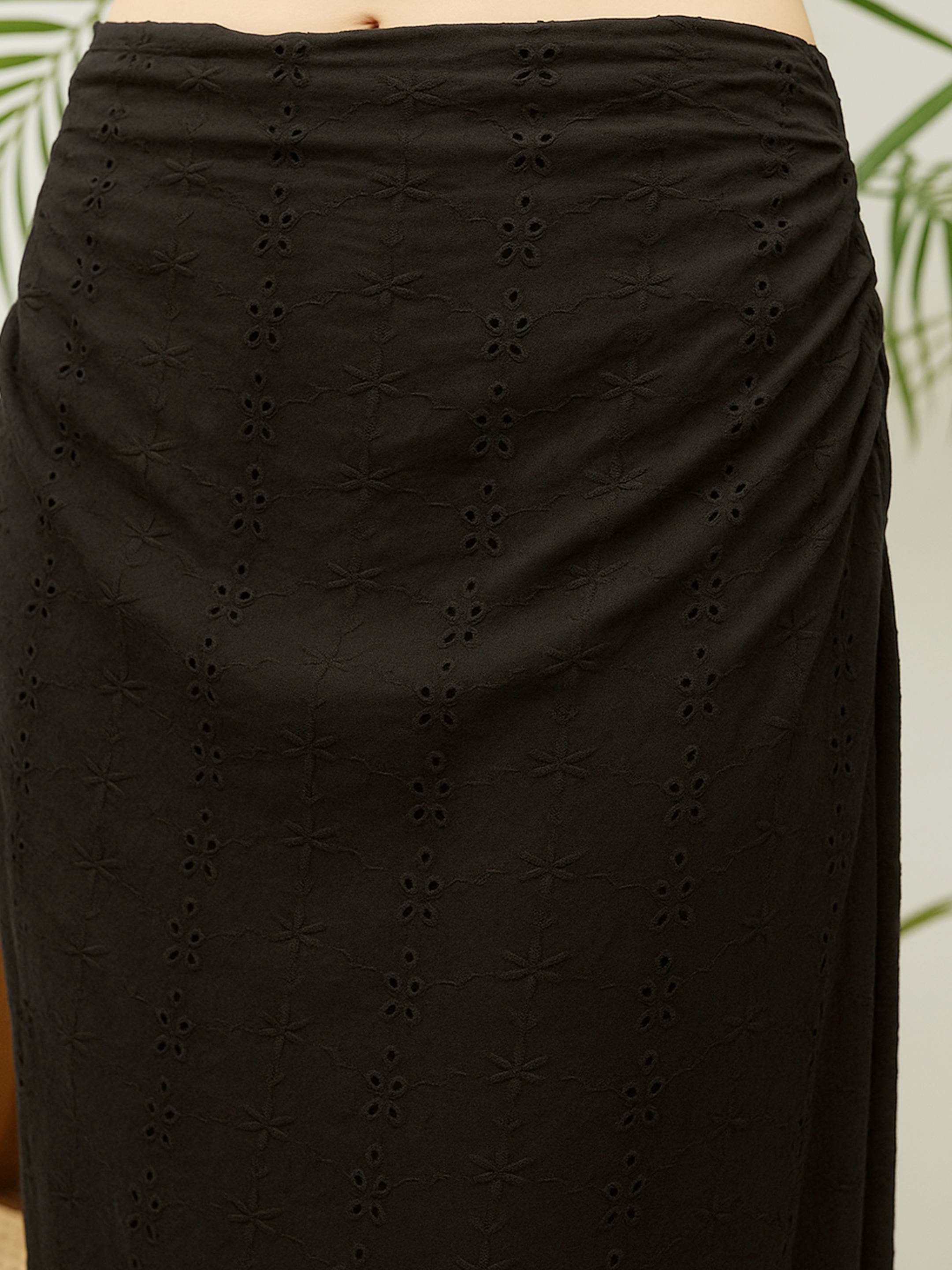 Women Black Schiffli Shirt with Skirt-SFSETS96511
