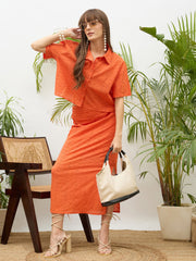 Women Orange Schiffli Shirt with Skirt-SFSETS96512