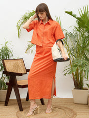 Women Orange Schiffli Shirt with Skirt-SFSETS96512