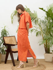 Women Orange Schiffli Shirt with Skirt-SFSETS96512