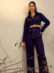 Women Navy Poplin Belted Shirt With Straight Pants-SFSETS96517
