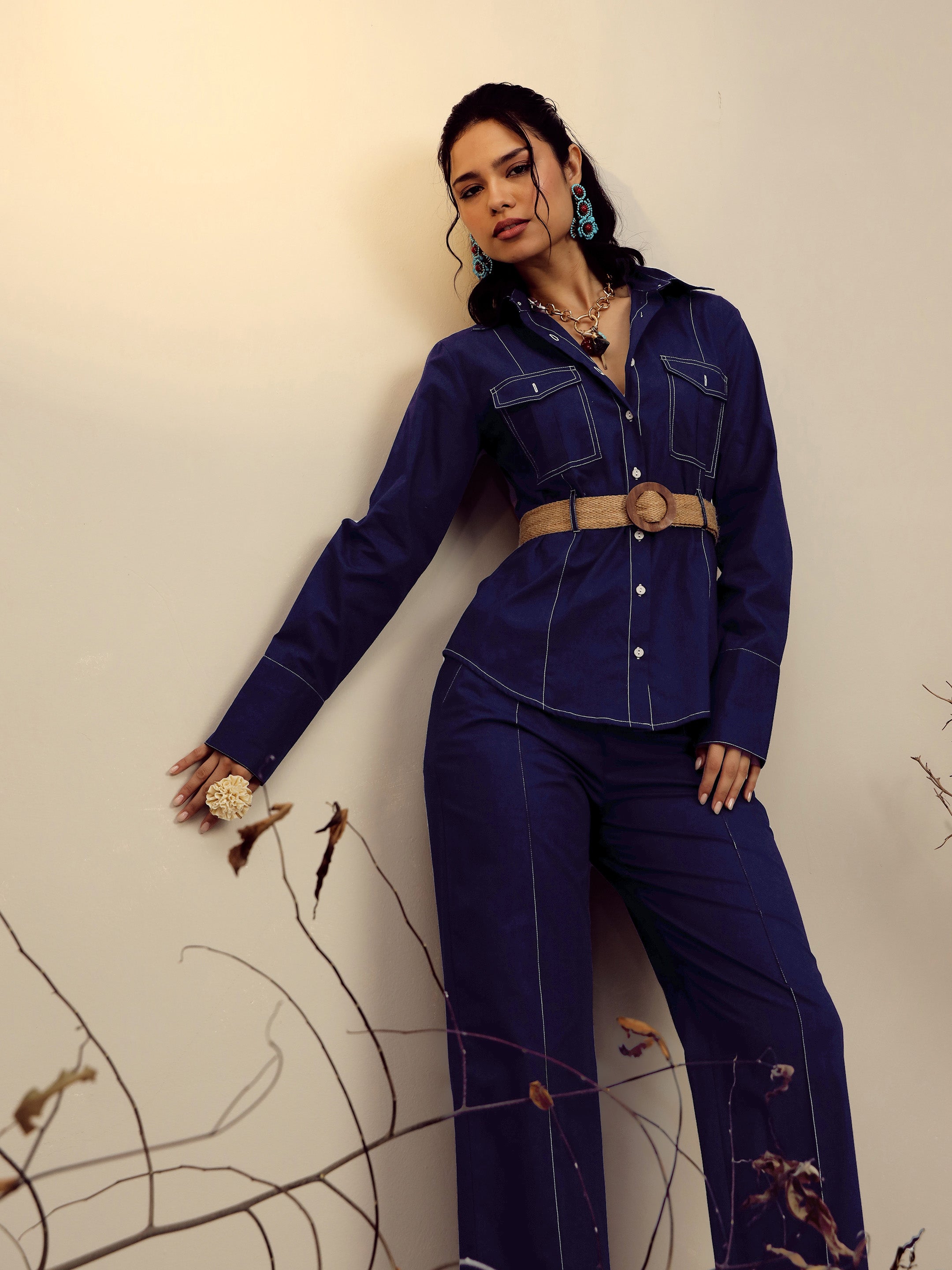 Women Navy Poplin Belted Shirt With Straight Pants-SFSETS96517