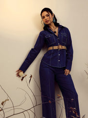 Women Navy Poplin Belted Shirt With Straight Pants-SFSETS96517