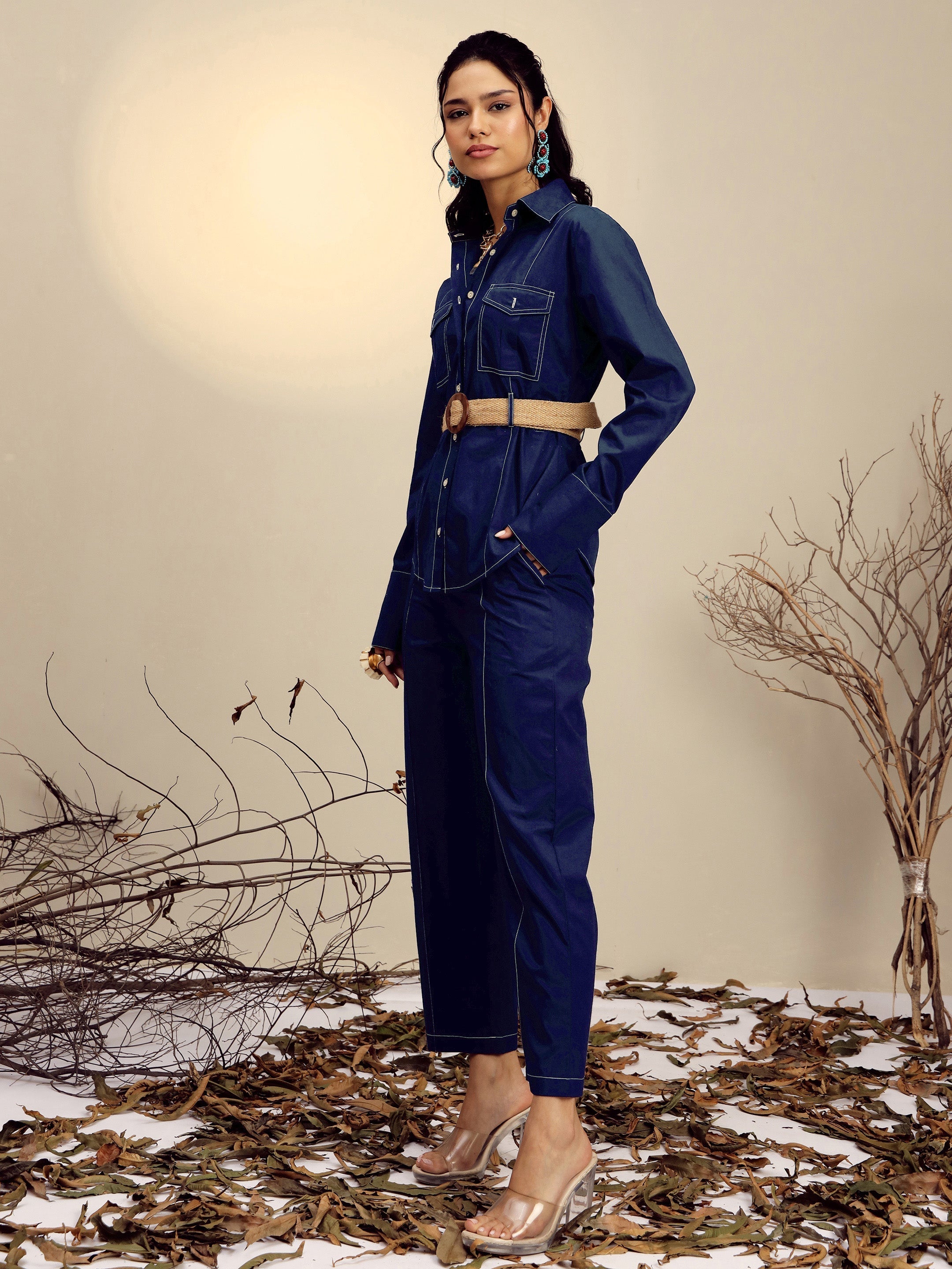 Women Navy Poplin Belted Shirt With Straight Pants-SFSETS96517