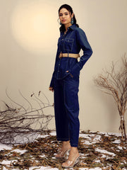 Women Navy Poplin Belted Shirt With Straight Pants-SFSETS96517