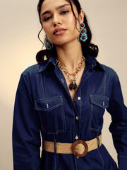 Women Navy Poplin Belted Shirt With Straight Pants-SFSETS96517