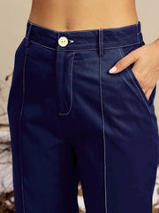 Women Navy Poplin Belted Shirt With Straight Pants-SFSETS96517