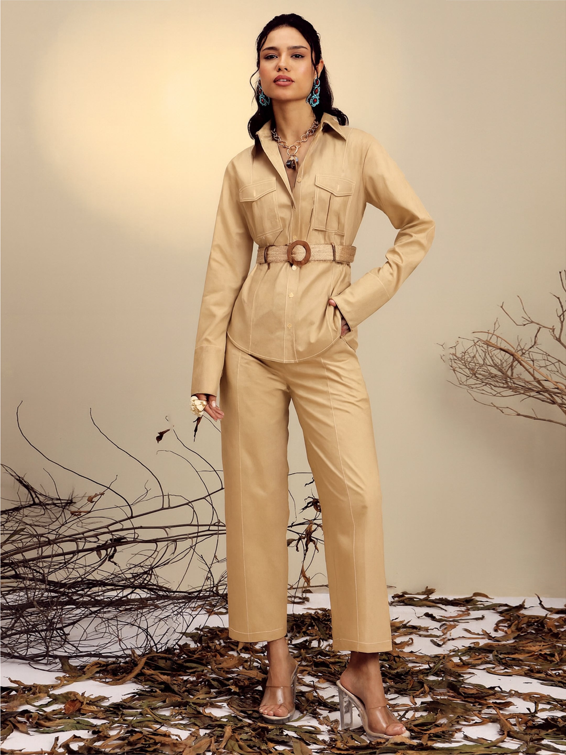 Women Beige Poplin Belted Shirt With Straight Pants-SFSETS96518