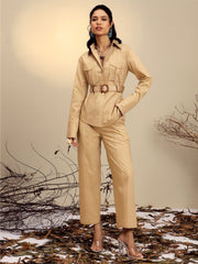 Women Beige Poplin Belted Shirt With Straight Pants-SFSETS96518