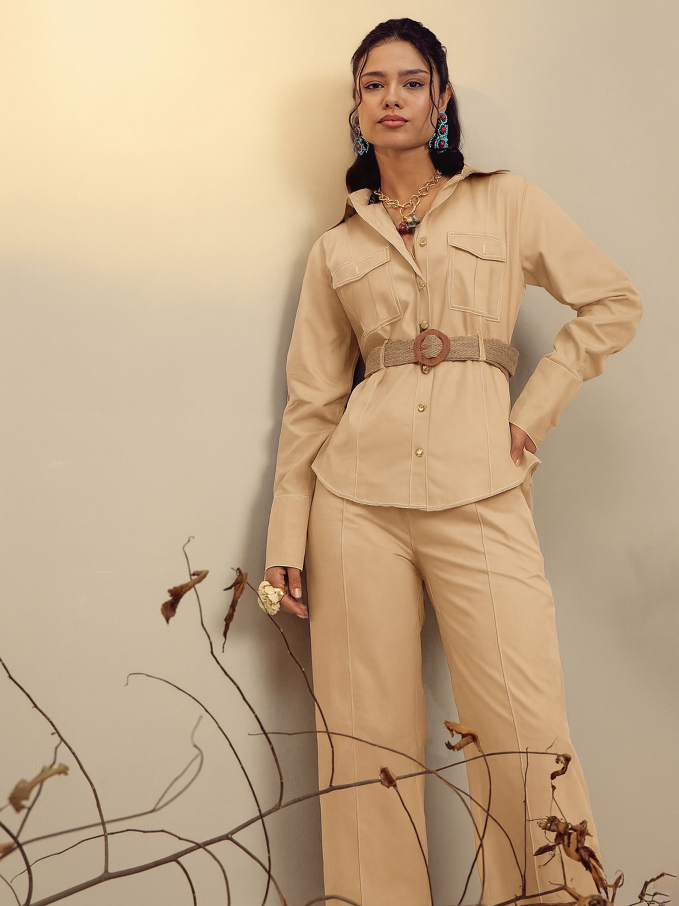 Women Beige Poplin Belted Shirt With Straight Pants-SFSETS96518
