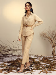 Women Beige Poplin Belted Shirt With Straight Pants-SFSETS96518