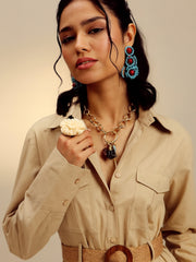 Women Beige Poplin Belted Shirt With Straight Pants-SFSETS96518