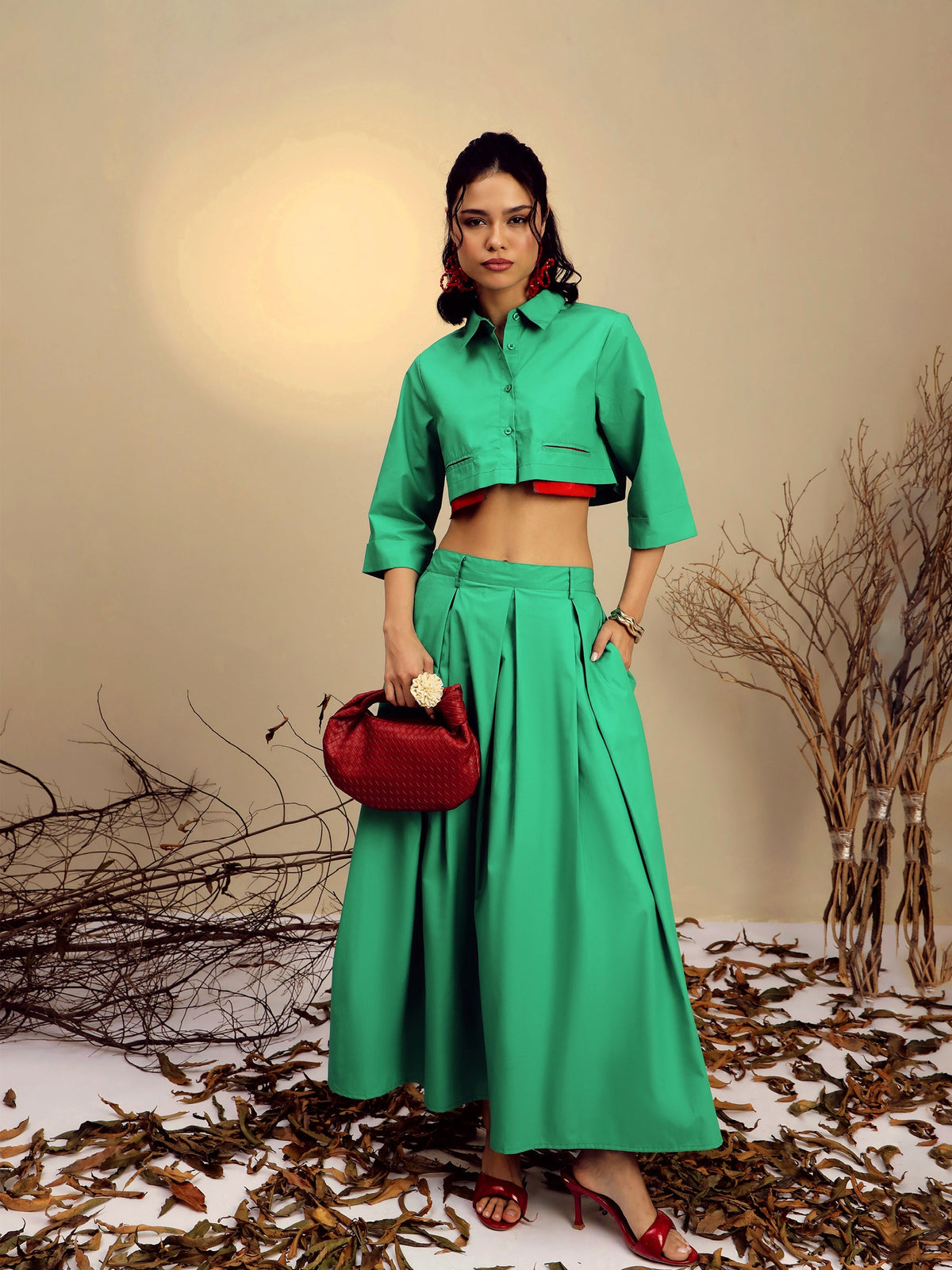 Women Green Poplin Crop Shirt With Pleated Skirt-SFSETS96521
