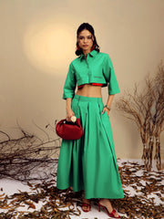 Women Green Poplin Crop Shirt With Pleated Skirt-SFSETS96521