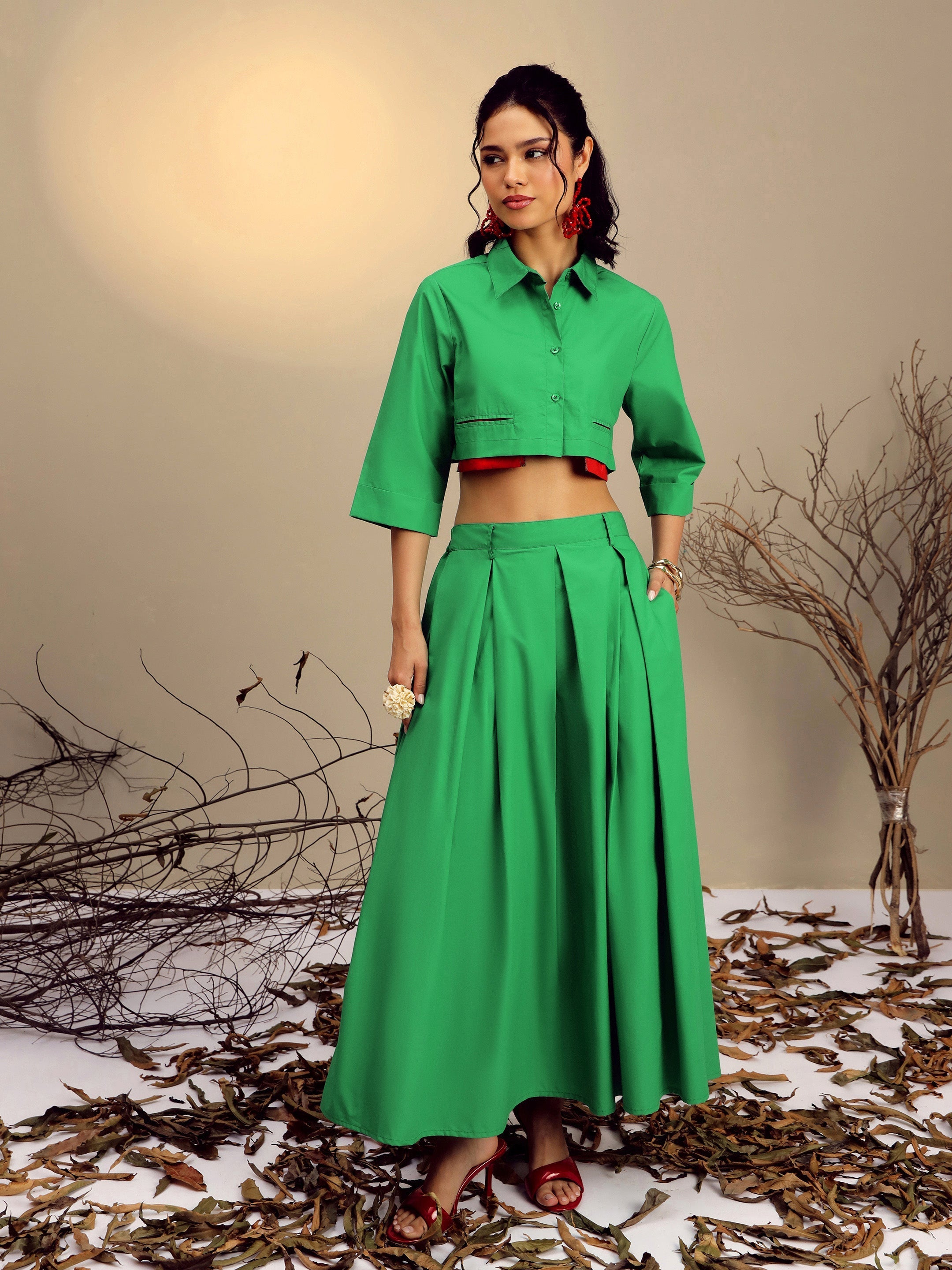 Women Green Poplin Crop Shirt With Pleated Skirt-SFSETS96521