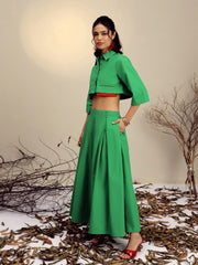 Women Green Poplin Crop Shirt With Pleated Skirt-SFSETS96521