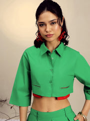 Women Green Poplin Crop Shirt With Pleated Skirt-SFSETS96521