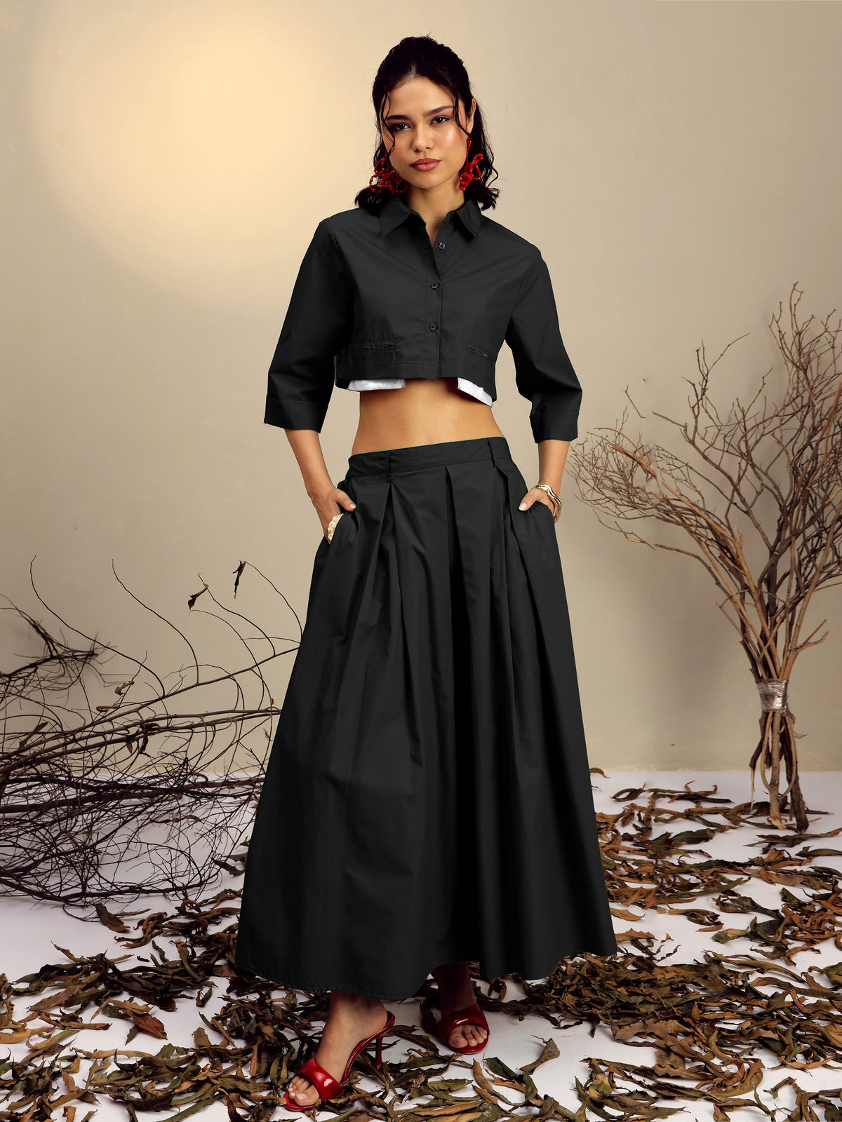 Women Black Poplin Crop Shirt With Pleated Skirt-SFSETS96522